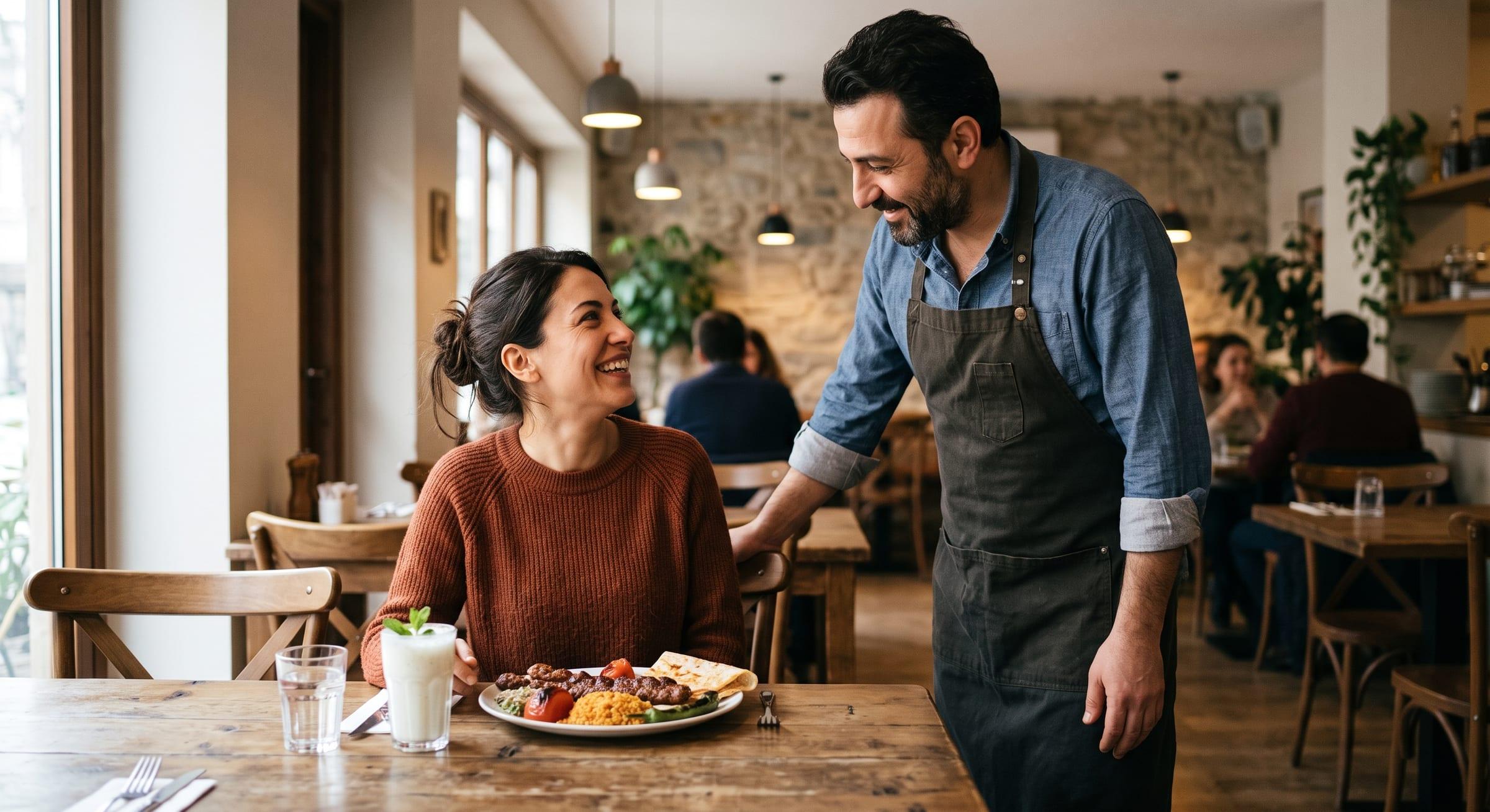 Restoranında masaya eşlik eden işletme sahibi ile onaylı menüden sipariş veren memnun bir misafir